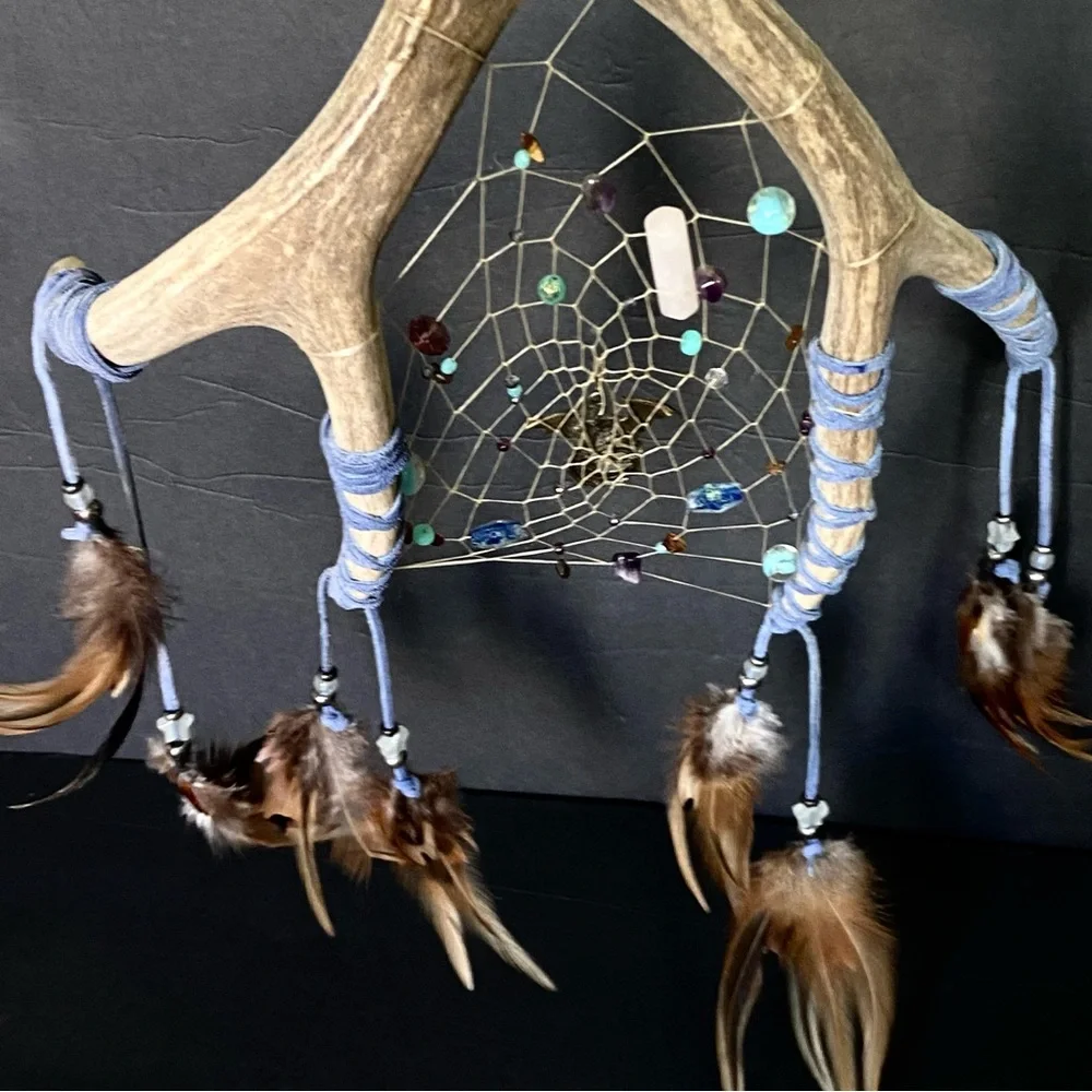Rustic Dreamcatcher with Antler Frame and Feathers‎